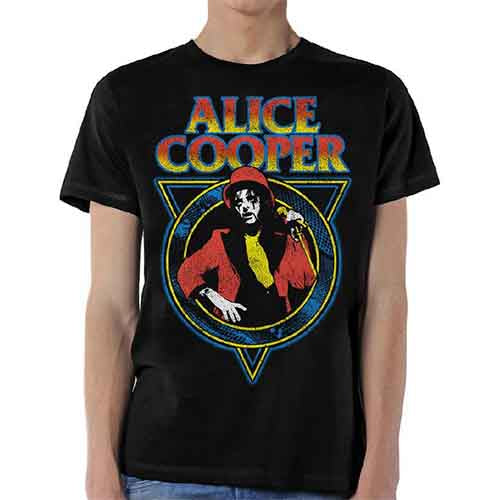 Black t-shirt with graphic of Alice Cooper in a red hat.