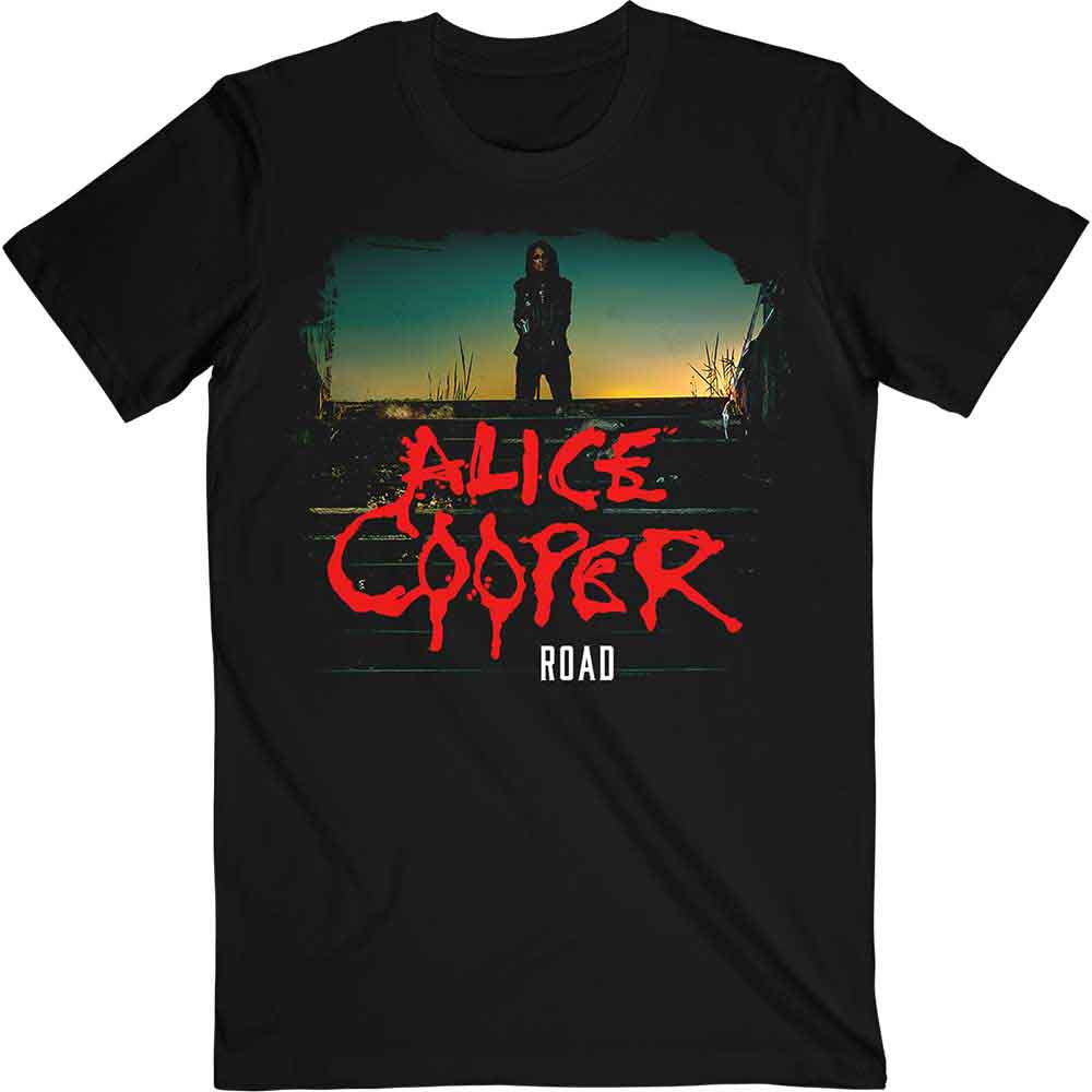 Black t-shirt featuring Alice Cooper’s “Back Road” design, size XX-Large.