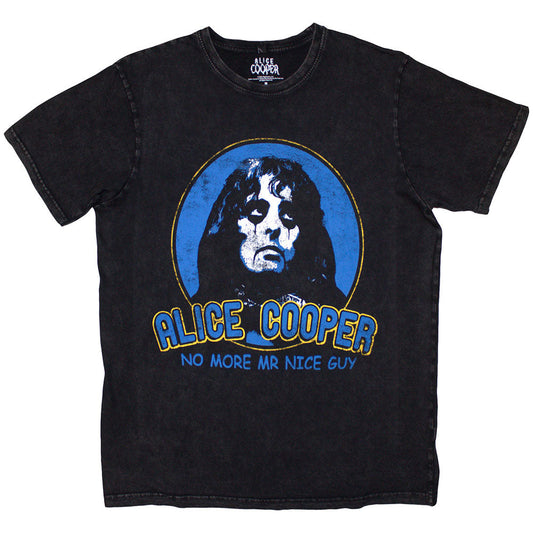 Black, stone-washed t-shirt featuring Alice Cooper’s “No More Mr Nice Guy” design.