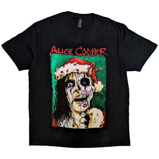 Black t-shirt with a spooky Alice Cooper Christmas-themed graphic.