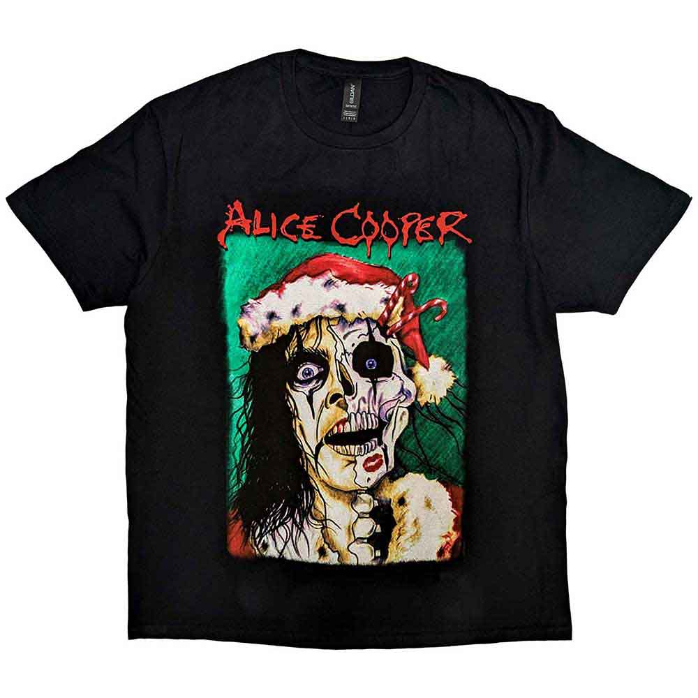 Black t-shirt with a spooky Alice Cooper Christmas-themed graphic.