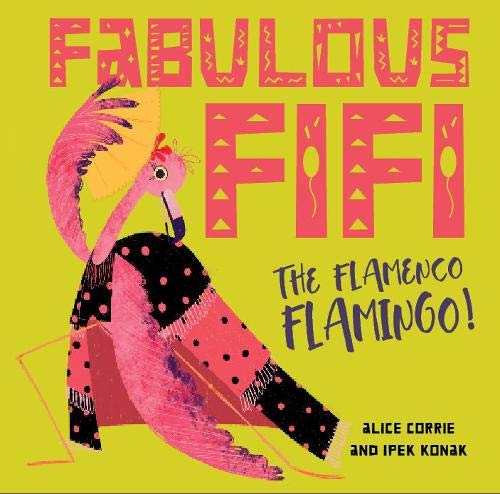 Pink flamingo in polka dot dress, holding a yellow fan, on yellow background.