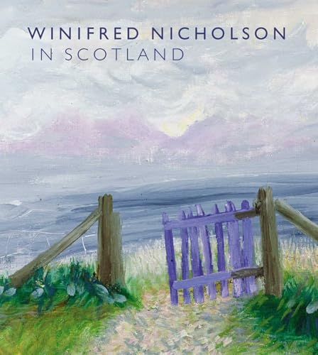 A painting of a purple gate opening onto a coastal landscape with distant mountains.