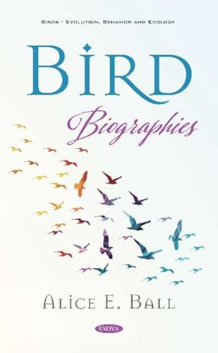 Book cover: "Bird Biographies" with a flock of colorful birds.