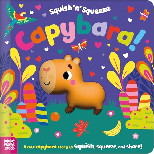 A cartoon capybara stands in a colorful jungle scene with plants, a parrot, and butterflies.
