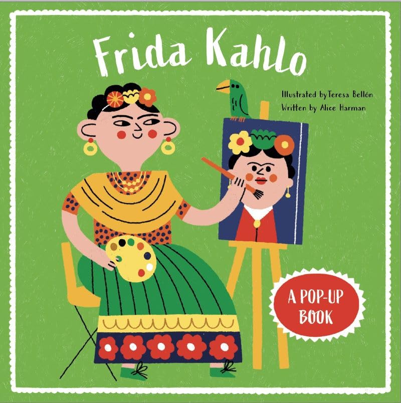 Illustrated cover of Frida Kahlo painting a self-portrait, pop-up book.