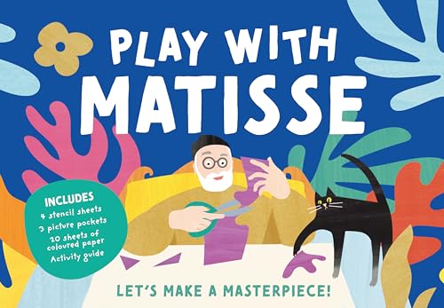 Illustration of Henri Matisse cutting paper with a black cat on a blue background.