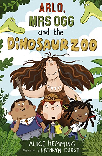 Book cover: children, a woman, and dinosaurs in a jungle setting.