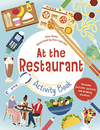 Cover of At the Restaurant Activity Book featuring a plate, food, and dining items.