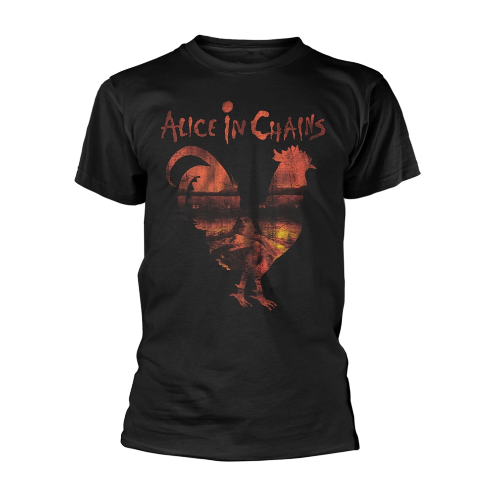 Black t-shirt with a red rooster silhouette and "Alice in Chains" text.
