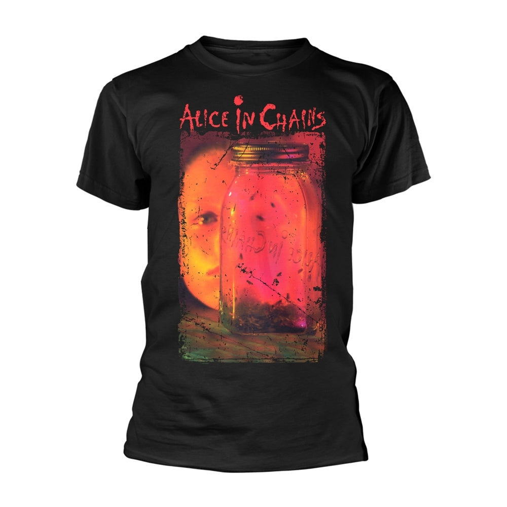 Black t-shirt with album art of a face in a jar.