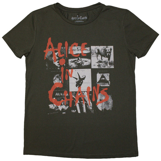Ladies medium t-shirt featuring a collage of Alice In Chains album covers.