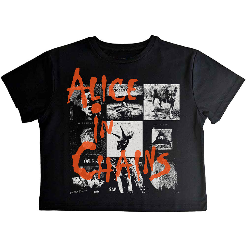 Ladies' XX-Large black crop top featuring a collage of Alice In Chains album covers.