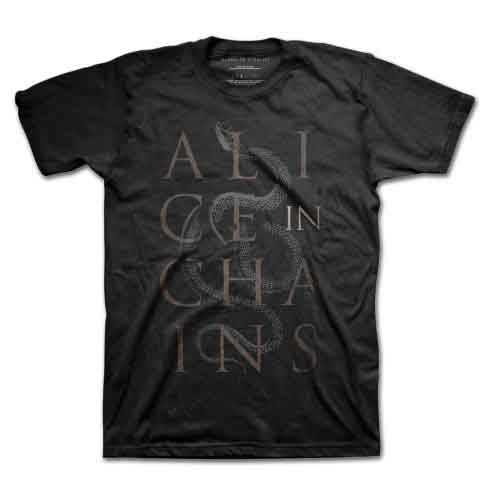Black t-shirt with "Alice In Chains" text and a coiled snake design.
