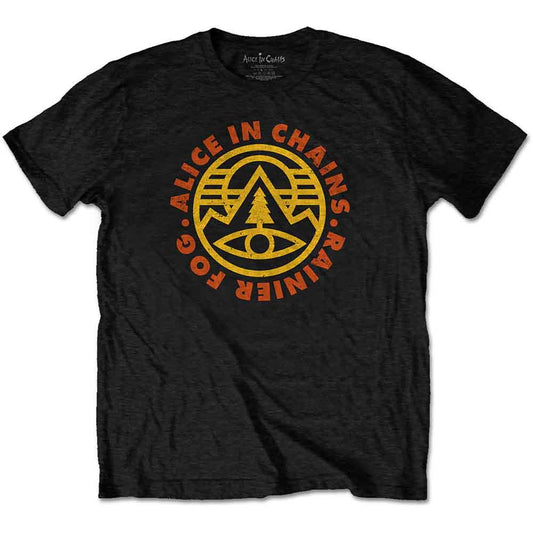 Man wearing a black Alice in Chains t-shirt with a yellow pine emblem logo.