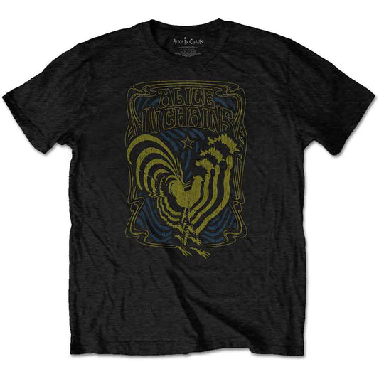 Black Alice in Chains t-shirt with psychedelic rooster graphic.