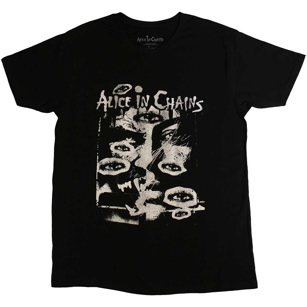 Black t-shirt featuring Alice In Chains' "All Eyes" artwork, size small.