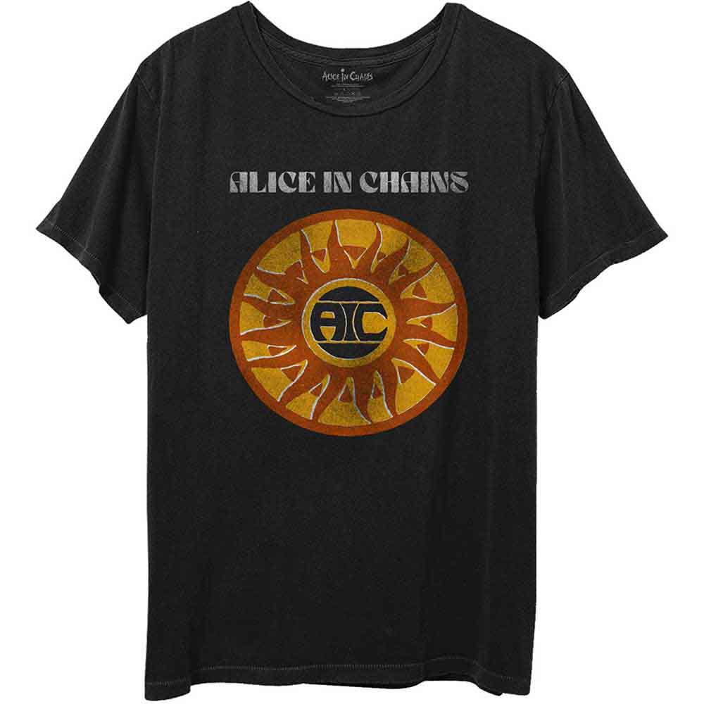 Black t-shirt with a faded, circular sun design featuring the Alice In Chains logo.
