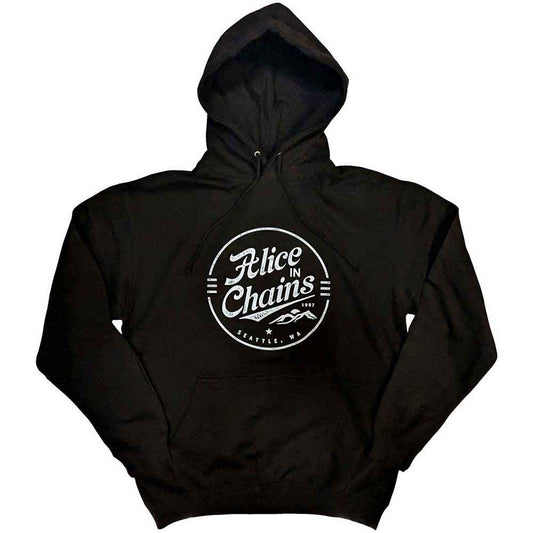 Dark pullover hoodie with Alice In Chains’ circular logo on the front.