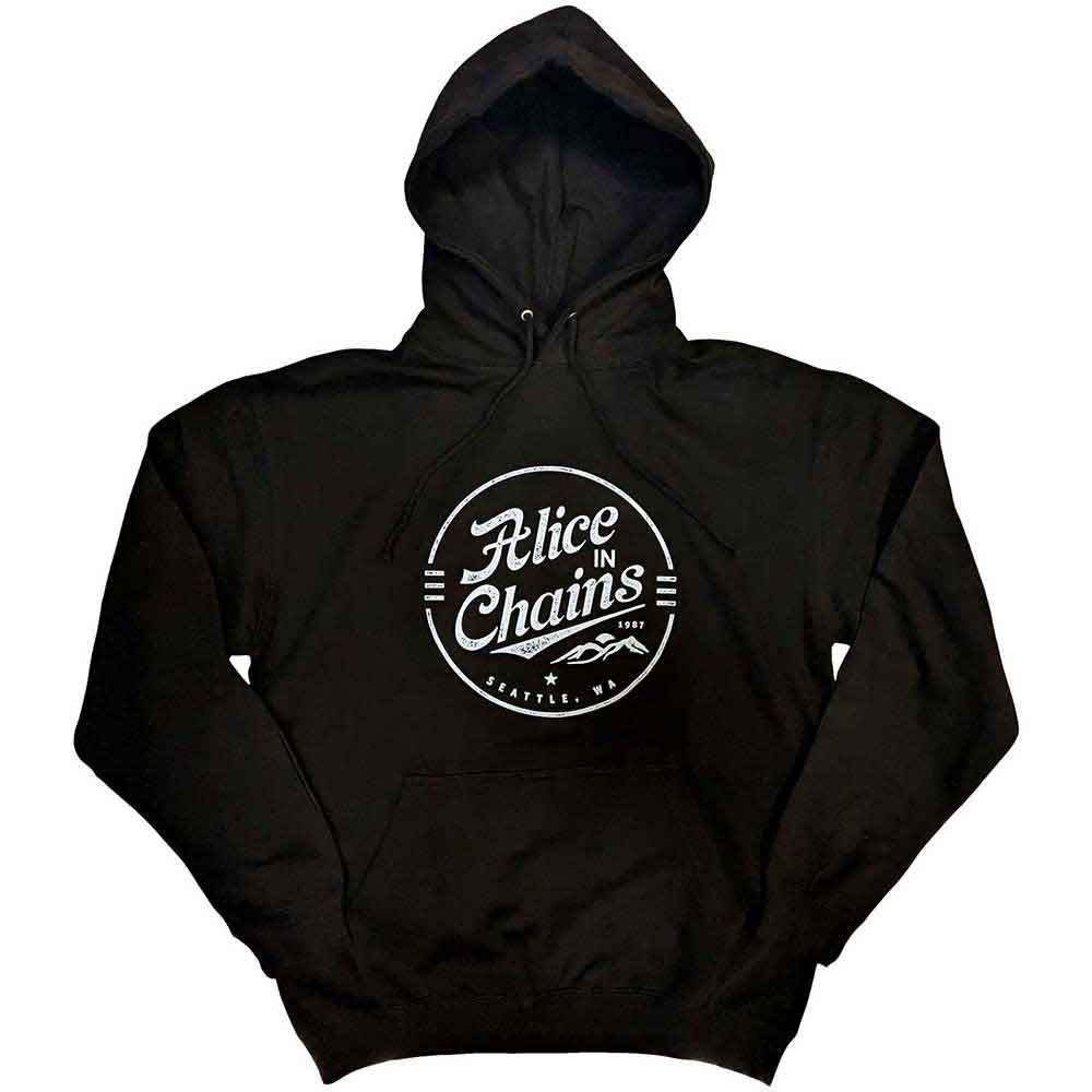 Dark pullover hoodie with Alice In Chains’ circular logo on the front.