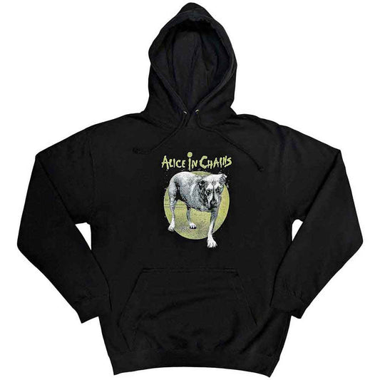 Dark pullover hoodie featuring Alice In Chains’ three-legged dog logo, size X-Large.