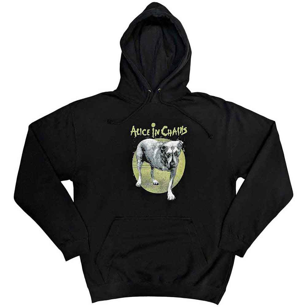 Dark pullover hoodie featuring Alice In Chains’ three-legged dog logo, size X-Large.