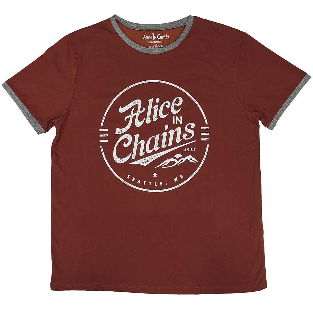 Black t-shirt with white collar, Alice In Chains circle logo centered on chest.