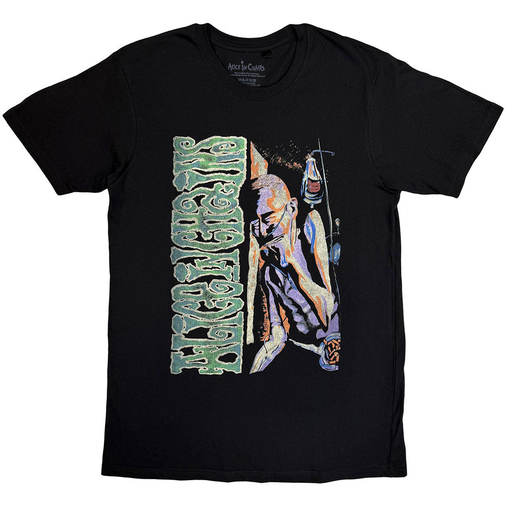 Black t-shirt with distressed graphic of a figure and text.