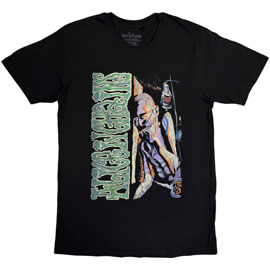Black t-shirt with distressed graphic of a figure and text.
