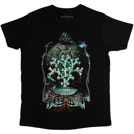 Black unisex t-shirt featuring a graphic of a mushroom-like planet and Alice in Chains logo.