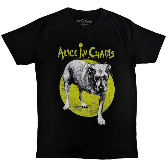 Black unisex t-shirt featuring the Alice in Chains three-legged dog graphic on the front.