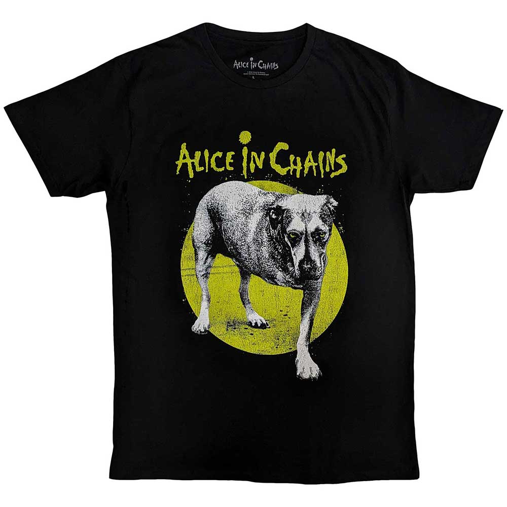 Black unisex t-shirt featuring the Alice in Chains three-legged dog graphic on the front.