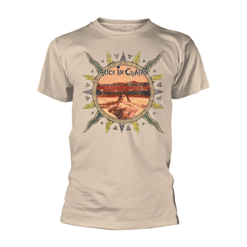 Tan t-shirt with a sun and desert graphic, “Alice In Chains” text.