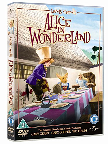 Alice In Wonderland" DVD cover with Mad Hatter, rabbit, and tea party scene.