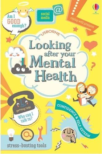 Book cover with illustrations about mental health and wellbeing topics.