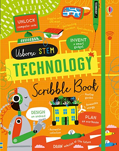 Bright orange cover of "Technology Scribble Book" with illustrated tech concepts.