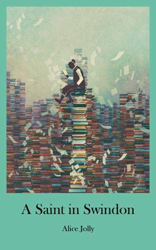 Person reading on a tall stack of colorful books, book cover.