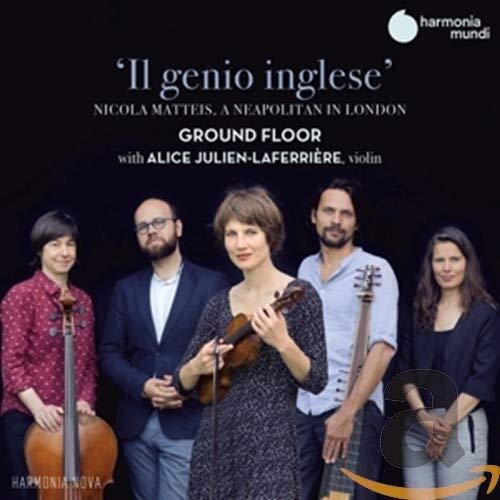"CD cover featuring five musicians with various string instruments against a black background."