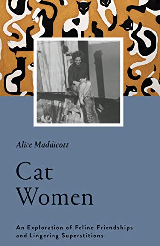 Book cover: woman with cats, black and white photo, patterned background.
