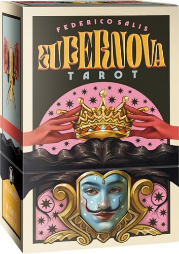 Box for “Supernova Tarot” deck featuring hands, a crown, and masked face.