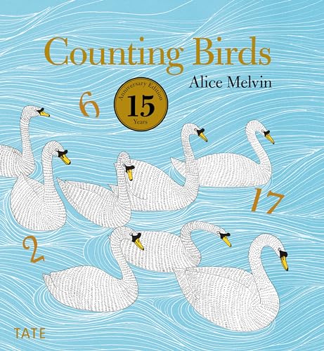 Book cover for Counting Birds by Alice Melvin featuring white swans on blue water.