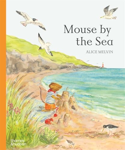 A mouse in a striped shirt builds sandcastles on a beach with flying seagulls.