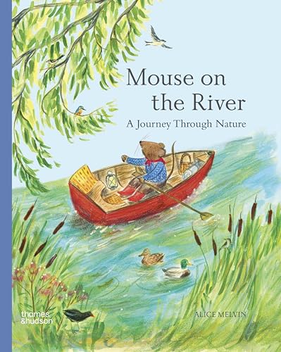 A watercolor illustration of a mouse rowing a red boat on a river.