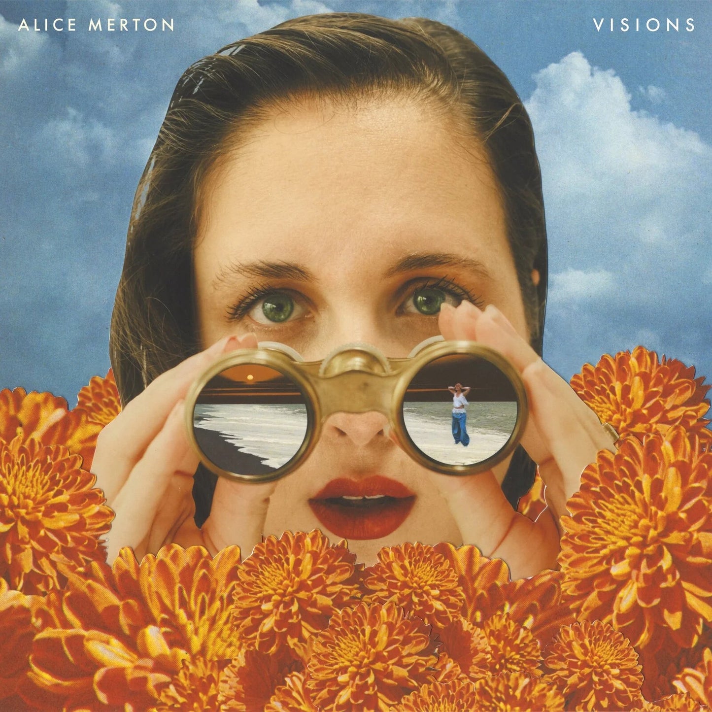 Album cover: woman with binoculars looking at a miniature scene amidst flowers.