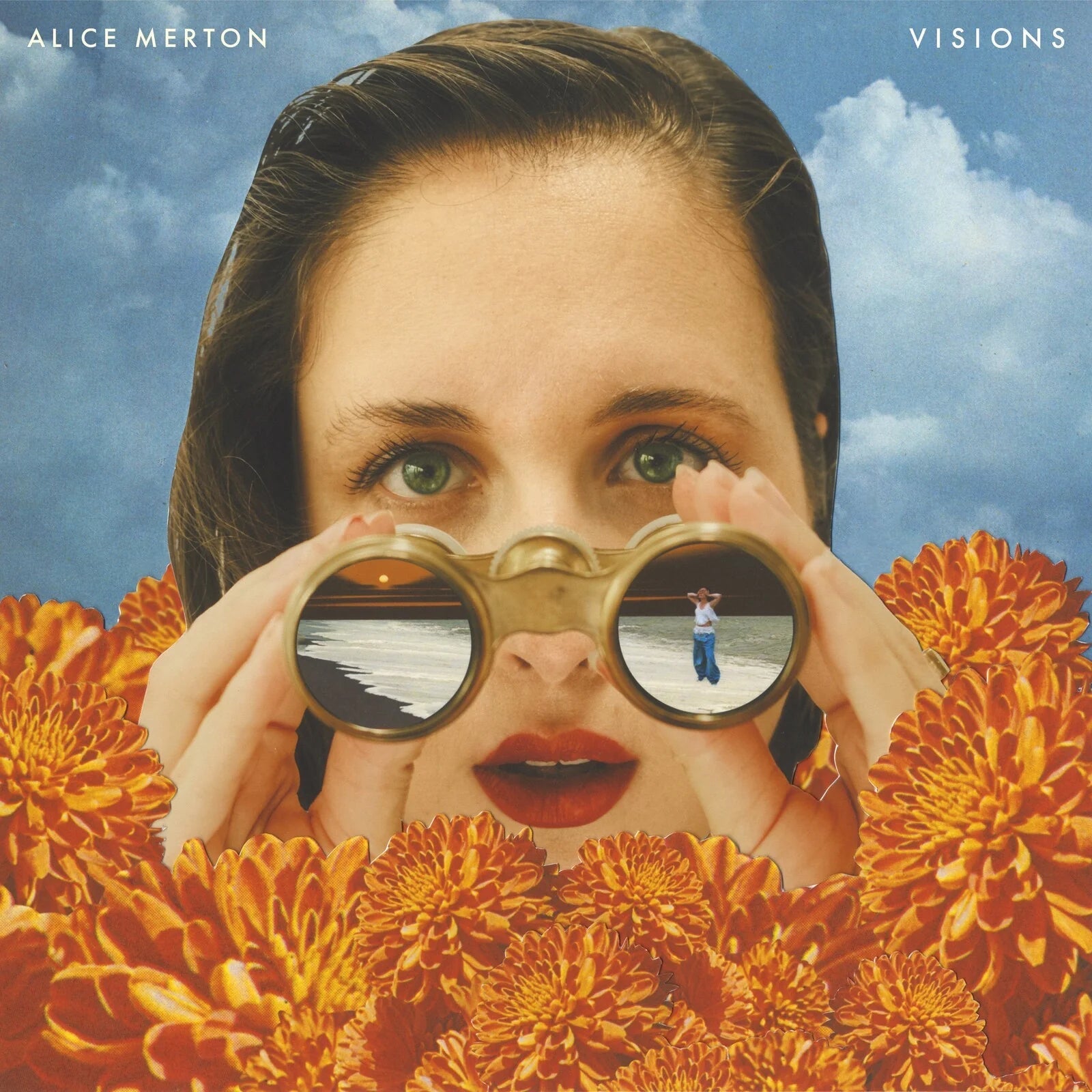 Album cover: woman with binoculars looking at a miniature scene amidst flowers.