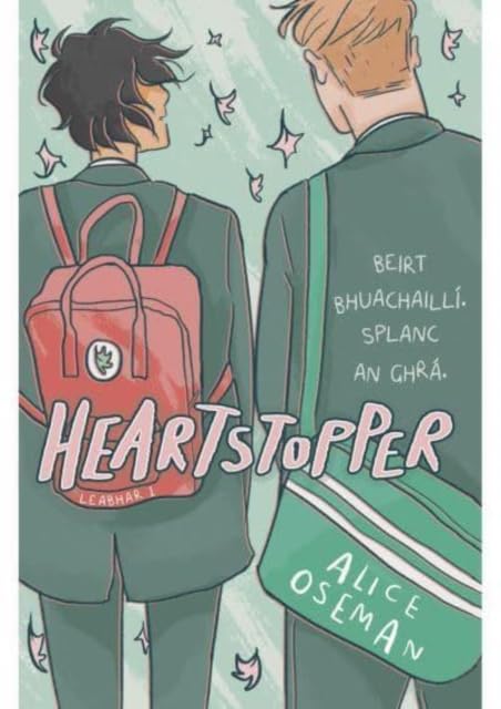 Book cover: two boys in school uniforms, red backpack, Irish text.