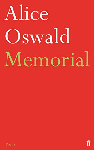 Book cover with red background, white text Alice Oswald, and green text Memorial.