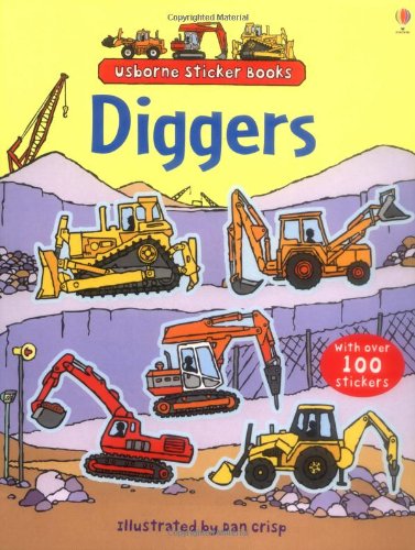 Cover of Diggers sticker book featuring various construction vehicles on a yellow background.