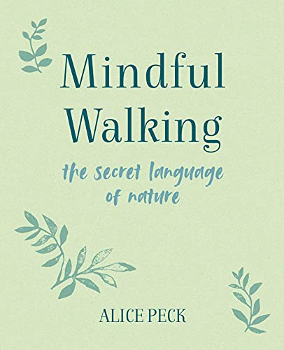 Book cover for "Mindful Walking" with teal text and leaf illustrations.