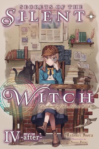 Anime-style girl in a detective hat and a black cat sitting at a desk.